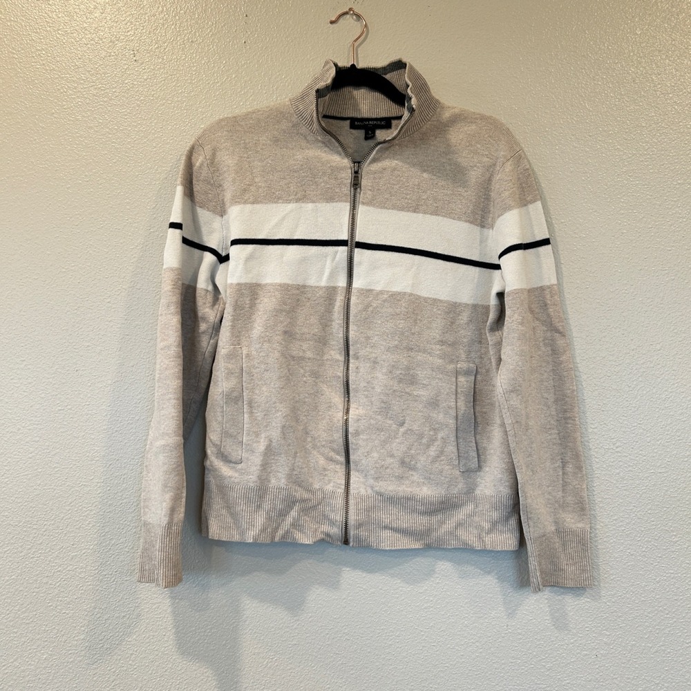 Banana Republic Full Zip Sweater Beige‎ White Striped Mock Neck Men Size S